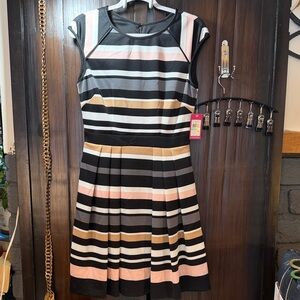 Vince Camuto Striped Midi Dress in Black, Pink, and Tan
